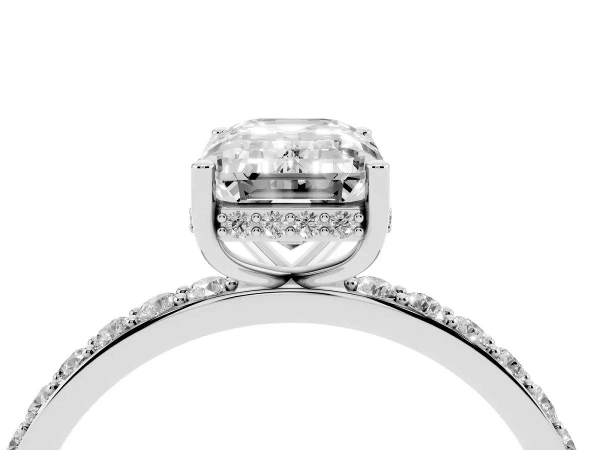 Emerald Cut Diamond Solitaire Ring with Pavé Band and Hidden Halo Silver