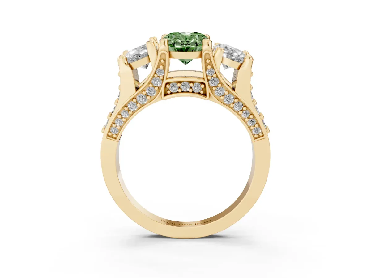 Fancy Green Oval Cut Diamond Three-Stone Ring with Channel Set Band and Four-Prong Setting Yellow gold