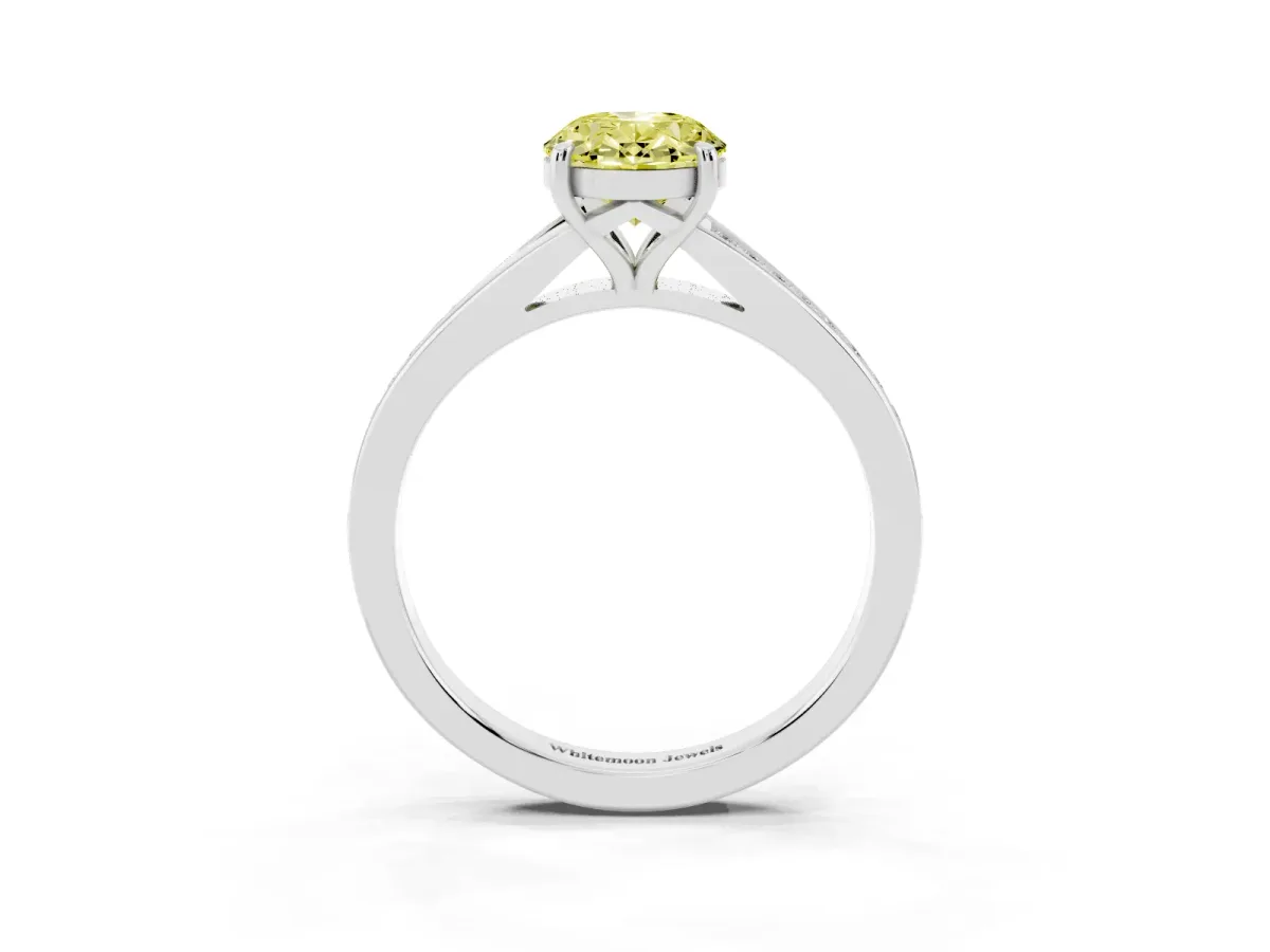 Fancy Yellow Oval Cut Diamond Solitaire Ring with Pavé Band and Prong Setting Silver