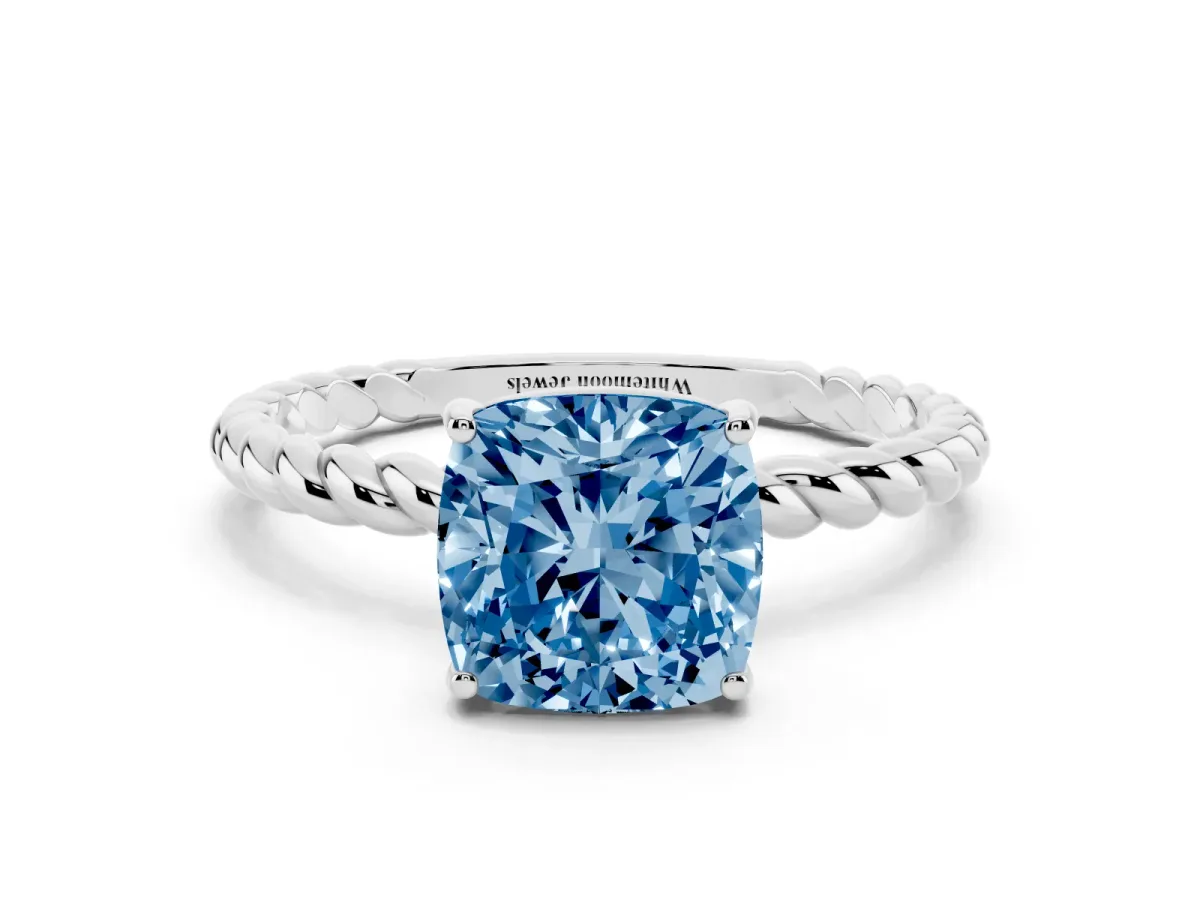 Fancy Blue Cushion Cut Solitaire Twisted Band 4-Prong Ring Silver