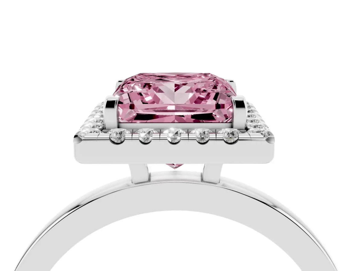 Fancy Pink Princess Cut Halo Diamond Solitaire with Pavé Band and Four-Prong Setting Platinum