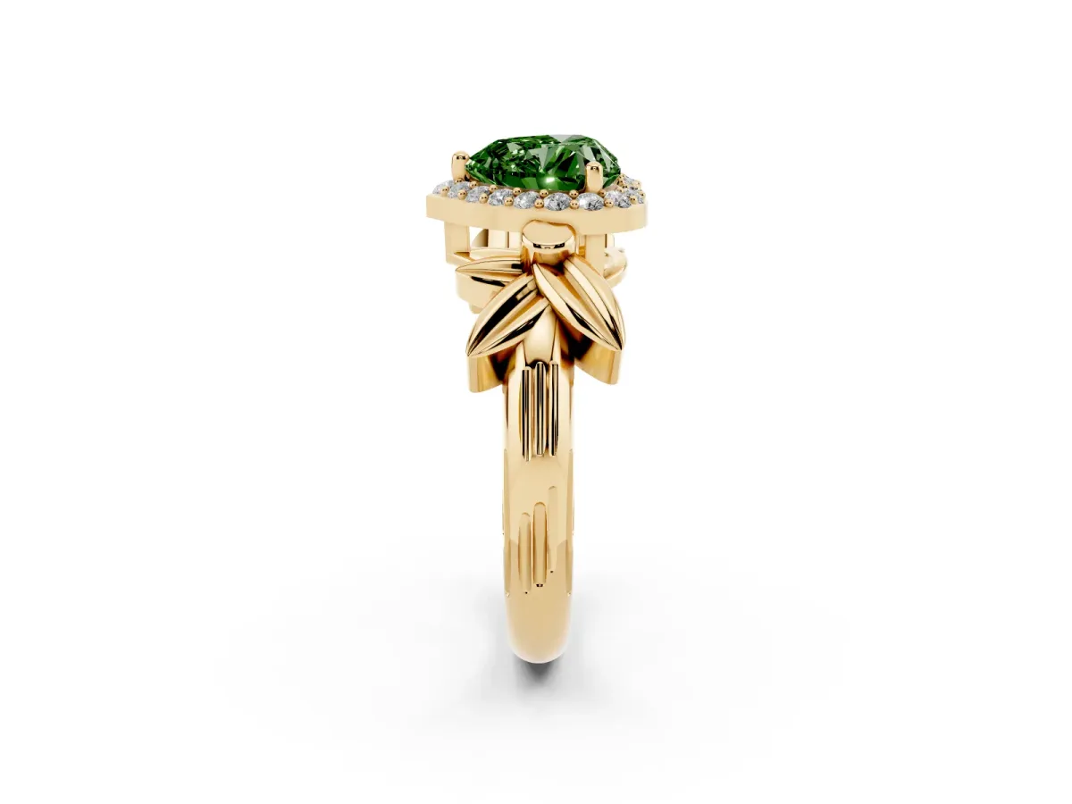 Fancy Green Heart Cut Halo Diamond Floral Band with Four-Prong Setting Yellow gold