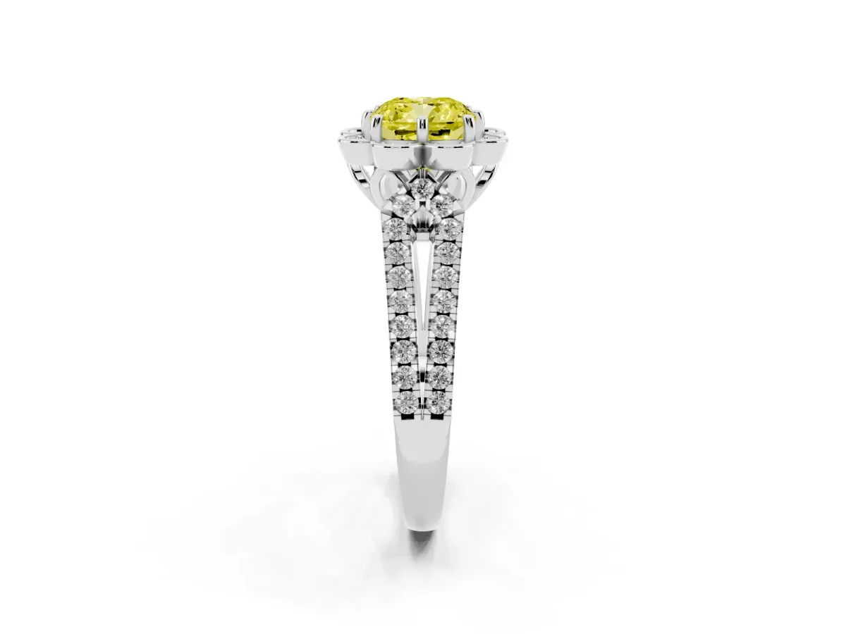Fancy Yellow Cushion Cut Halo Diamond Floral Split Shank Engagement Ring Silver