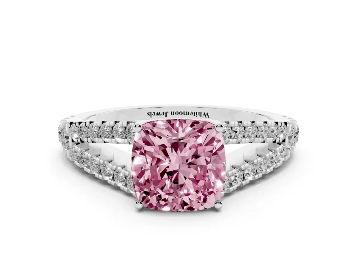 Fancy Pink Cushion Cut Diamond Split Shank Pavé Engagement Ring with Four-Prong Setting Silver