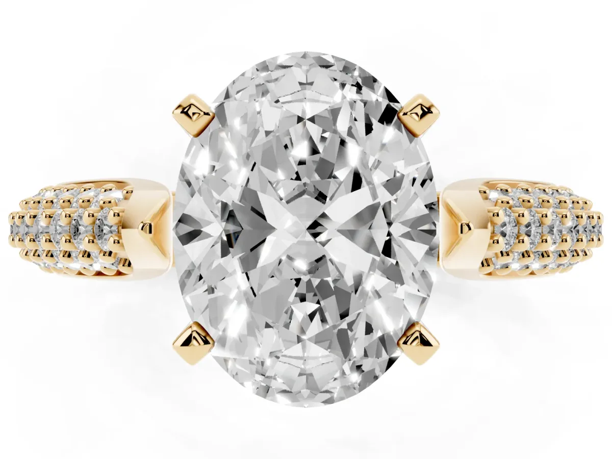 Oval Cut Diamond Solitaire Engagement Ring with Multi-Row Round Pavé Band and Prong Setting Yellow gold