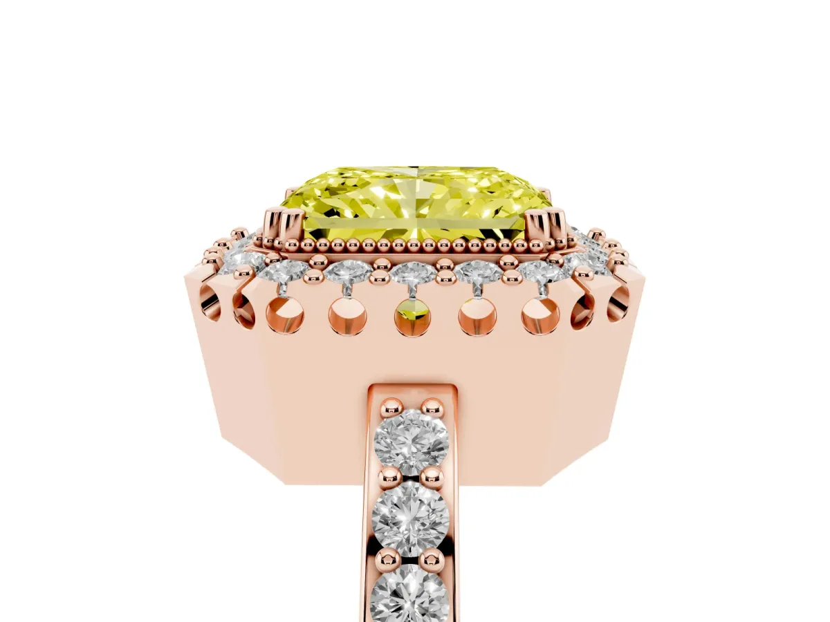 Fancy Yellow Radiant Cut Diamond Halo Ring with Pavé Band and Prong Setting Rose gold