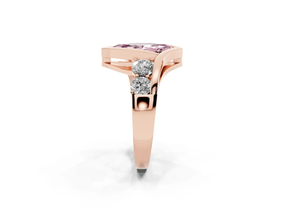 Fancy Pink Bezel Set Marquise Cut Diamond Bypass Ring with Round Accents Rose gold