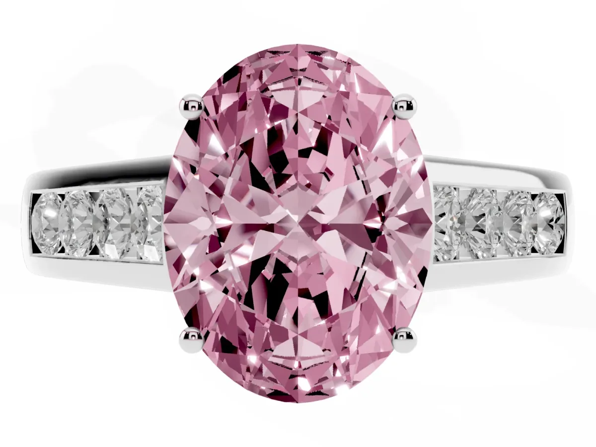 Fancy Pink Oval Cut Brilliant Channel-Set Solitaire Ring with Four-Prong Setting Platinum