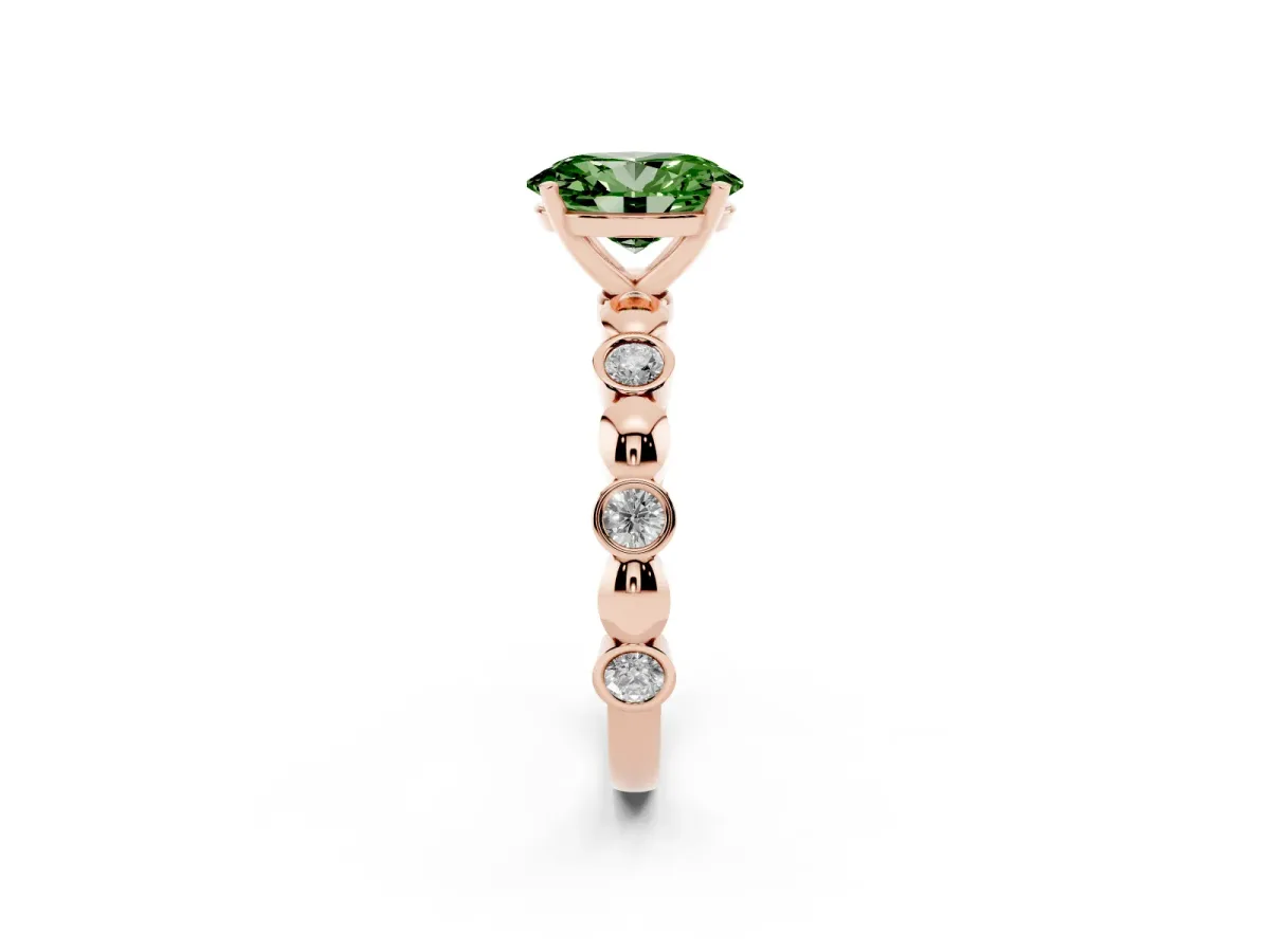 Fancy Green Oval Cut Solitaire Bezel-Set Diamond Ring with Beaded Band and Four-Prong Setting Rose gold