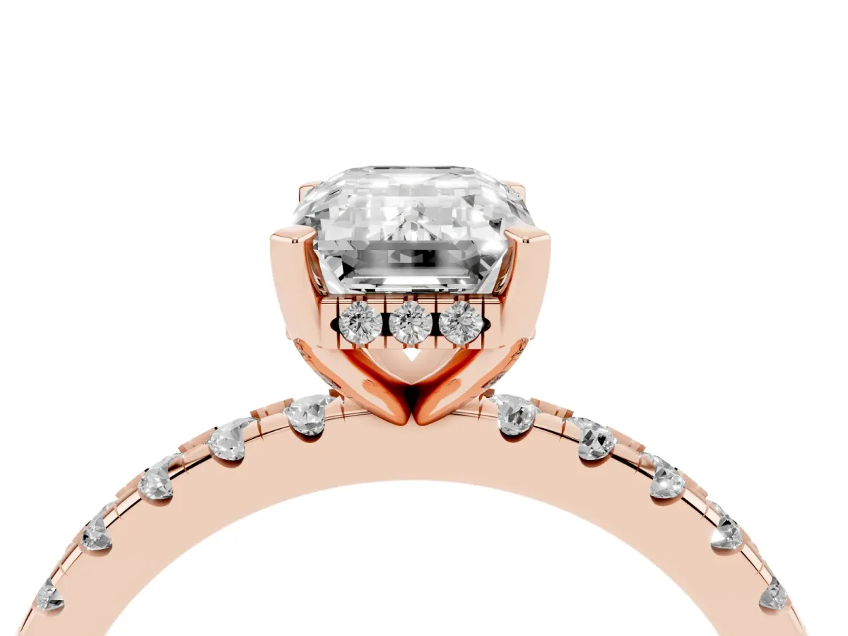 Emerald Cut Diamond Solitaire Ring with Round Pavé Band and Four-Prong Setting Rose gold