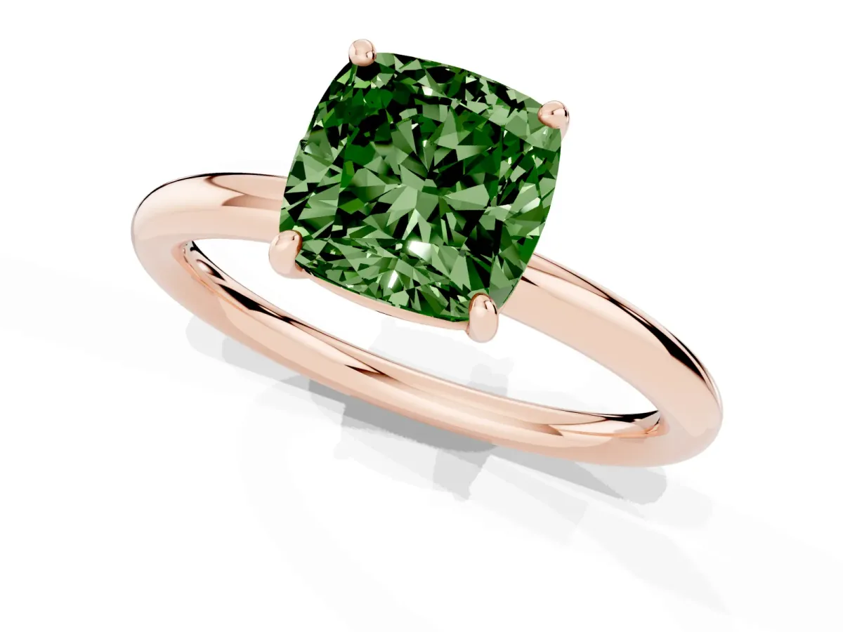 Fancy Green Cushion Cut Solitaire Diamond Ring with Four-Prong Setting on a Plain Band Rose gold