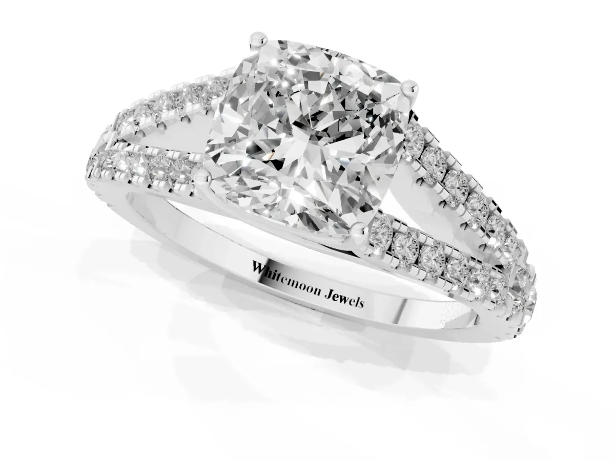 Cushion Cut Diamond Split Shank Pavé Engagement Ring with Four-Prong Setting Platinum