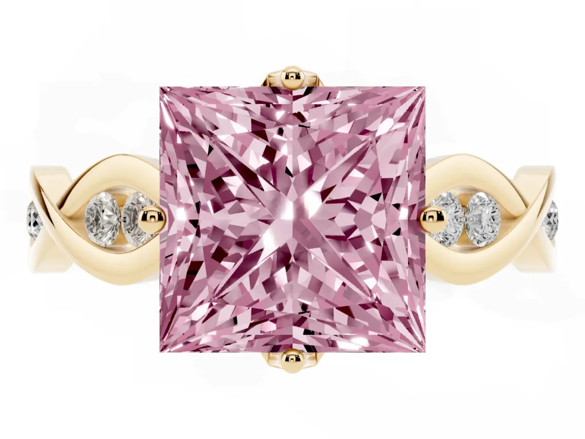 Fancy Pink Princess Cut Solitaire Twist Band with Leaf Prong Setting Yellow gold