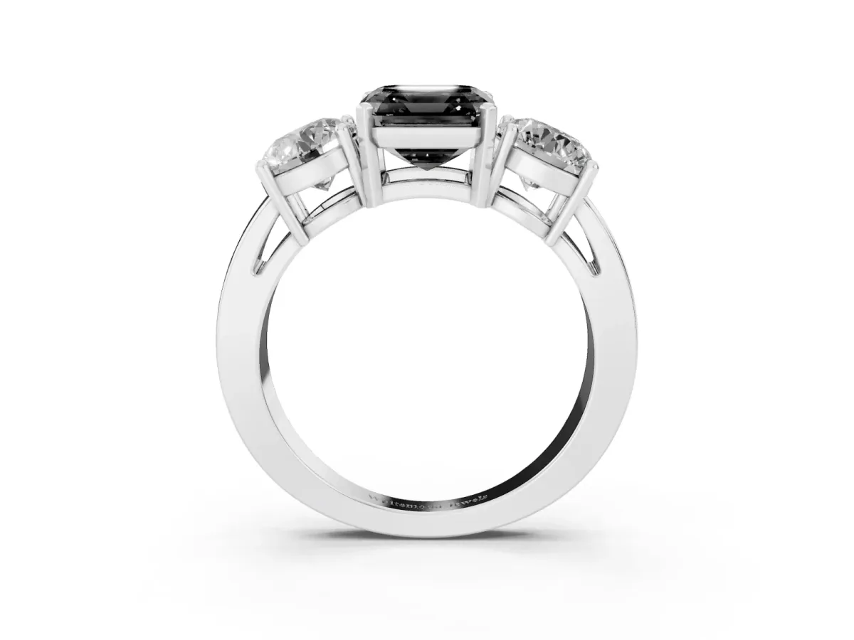 Fancy Black Three-Stone Asscher Cut Diamond Ring with Round Side Stones, Classic Band, and Four-Prong Setting Platinum