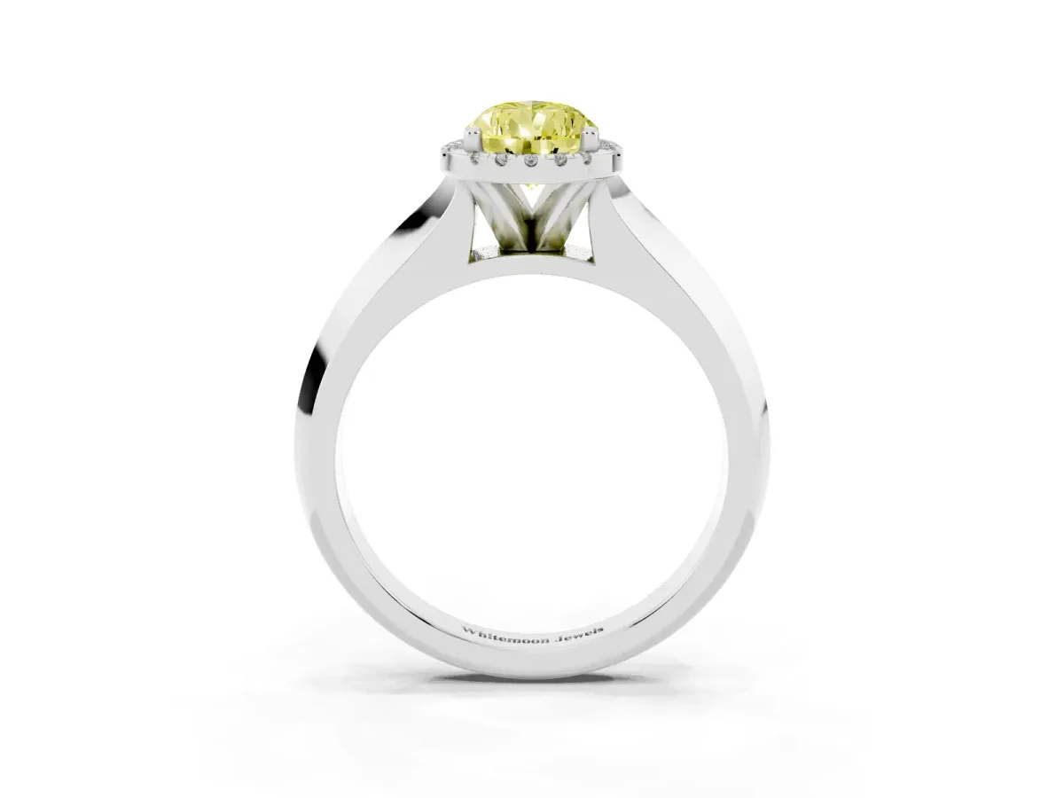 Fancy Yellow Pear Cut Halo Diamond Ring with Cathedral Band and Four-Prong Setting Silver