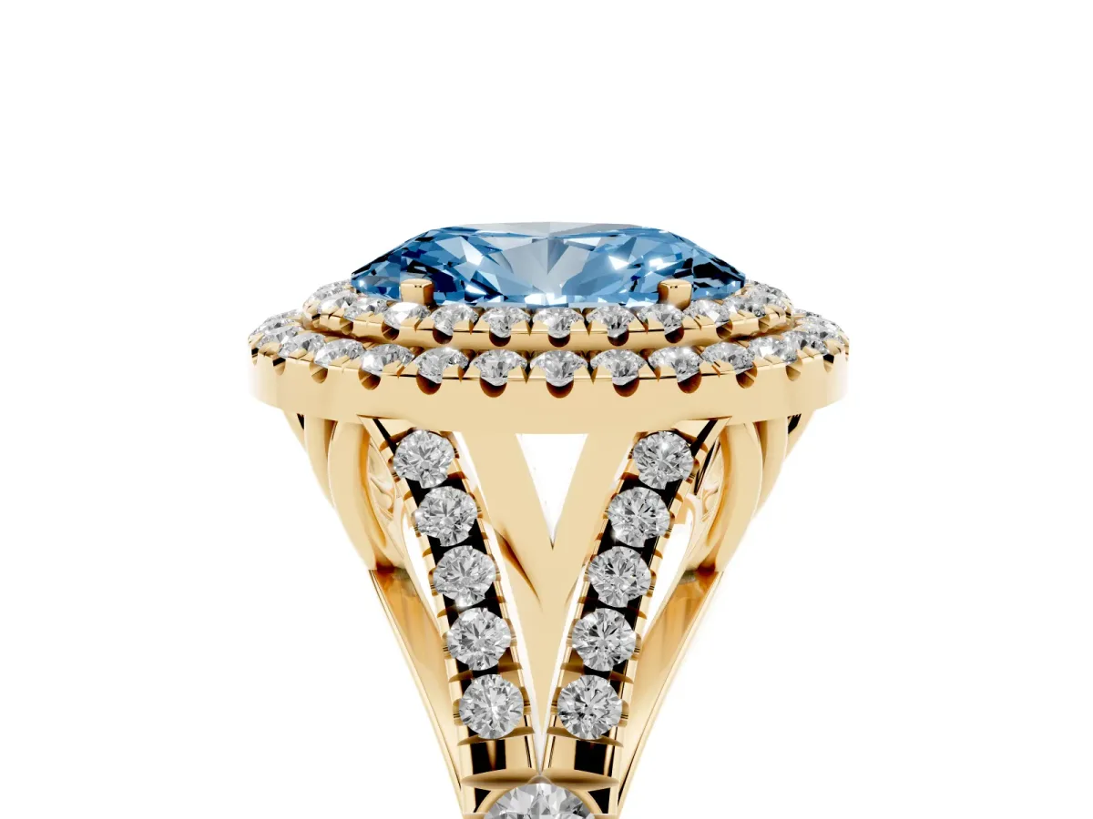 Fancy Blue Oval Cut Cut Double Halo Split Shank Diamond Ring with Prong Setting Yellow gold