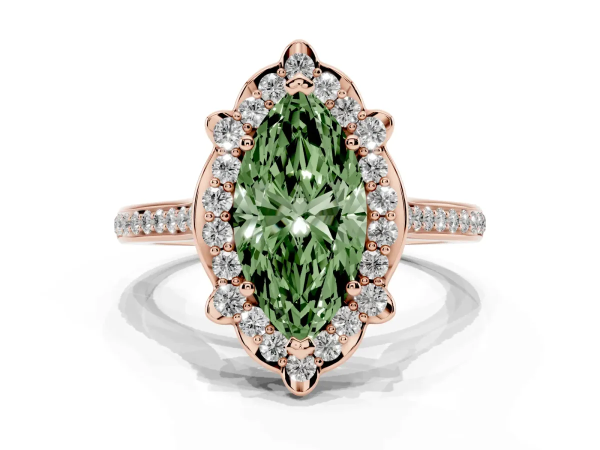 Fancy Green Marquise Cut Halo Round Diamond Pave Band with Four-Prong Setting Rose gold