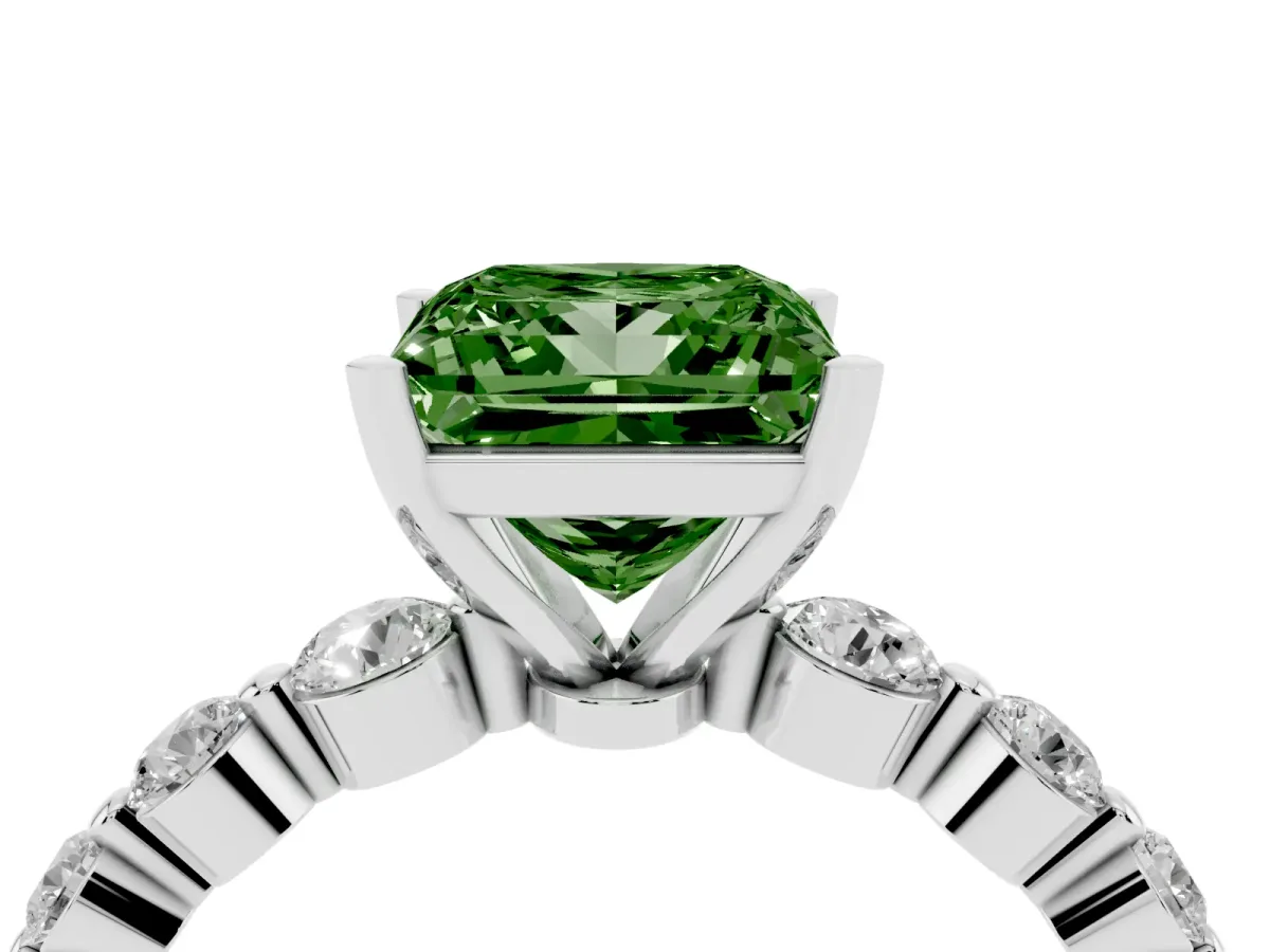 Fancy Green Princess Cut Solitaire Diamond Ring with Pave Band and Four-Prong Setting Silver