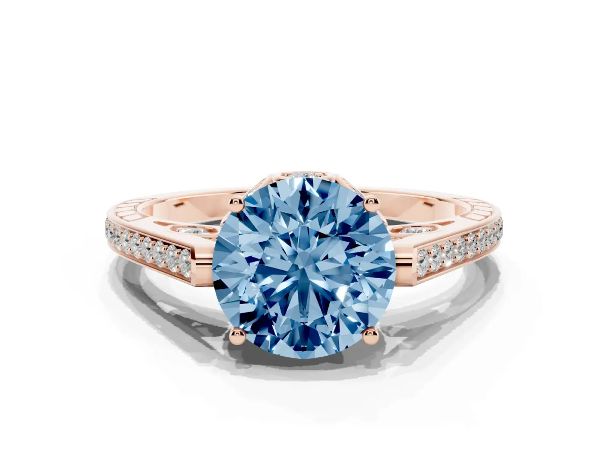 Fancy Blue Round Cut Cut Cathedral Pave Diamond Engagement Ring with Six-Prong Setting Rose gold