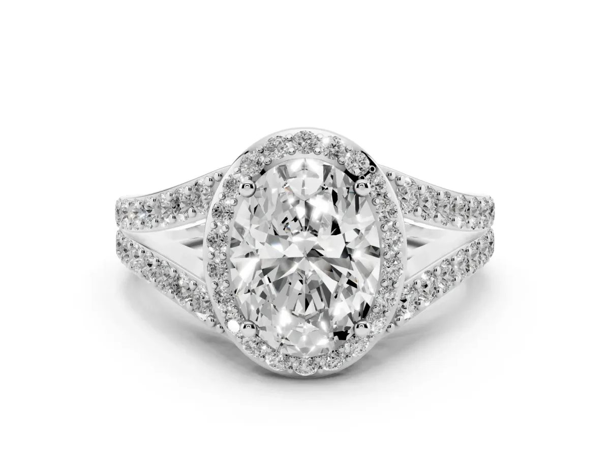 Oval Cut Diamond Split Shank Halo Ring with Four-Prong Setting White gold