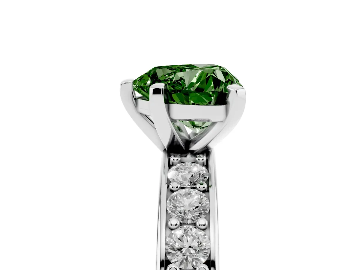 Fancy Green Heart Cut Diamond Engagement Ring with Channel Set Round Band and Prong Setting Platinum