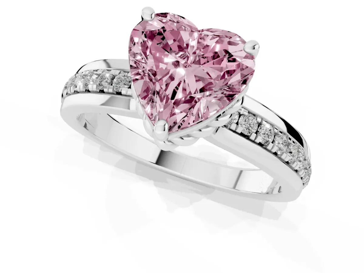 Fancy Pink Heart Cut Solitaire Diamond Ring with Channel Set Band and Six-Prong Setting Silver