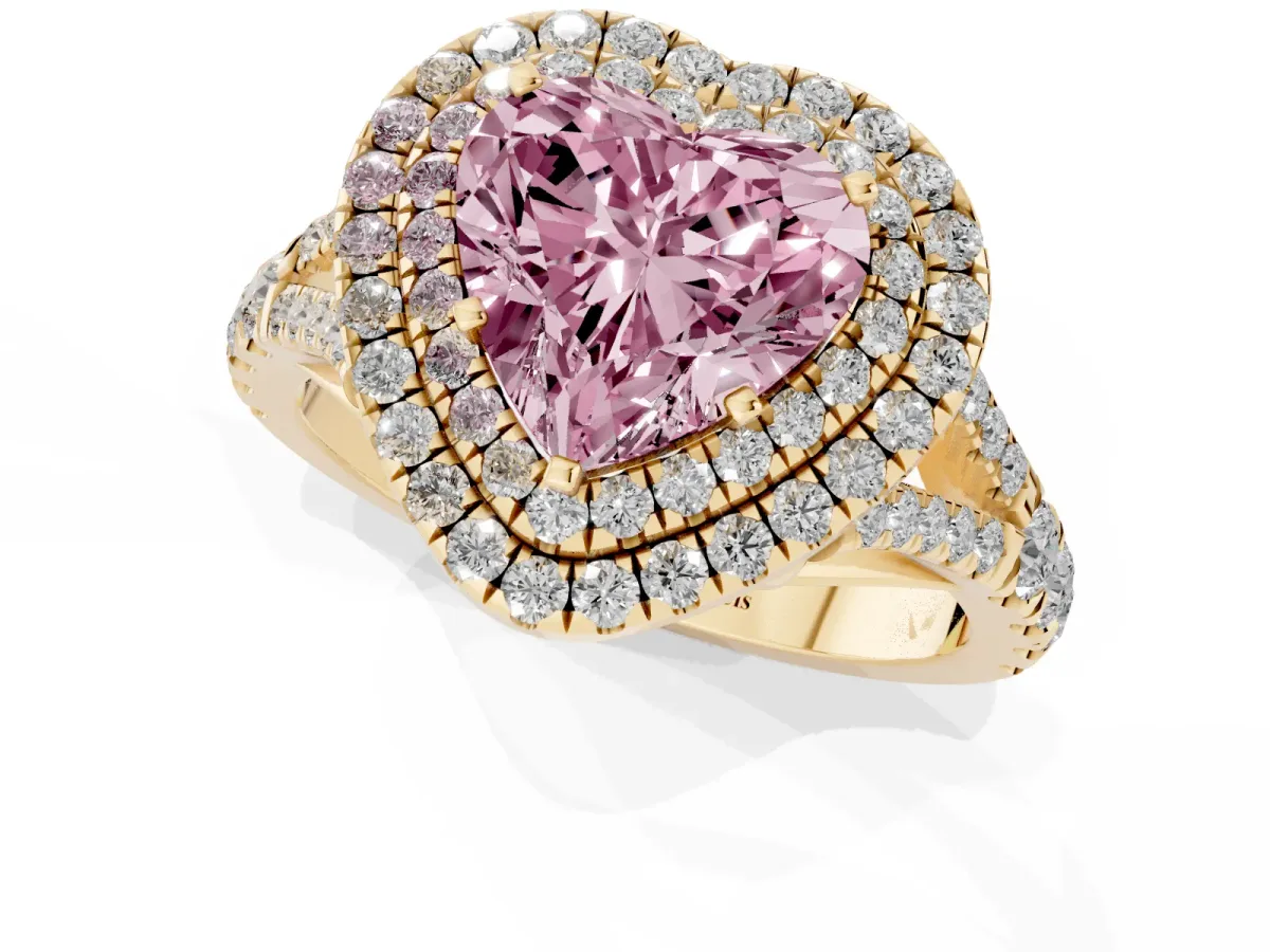 Fancy Pink Double Halo Heart Cut Diamond Split Shank Engagement Ring with Four-Prong Setting Yellow gold