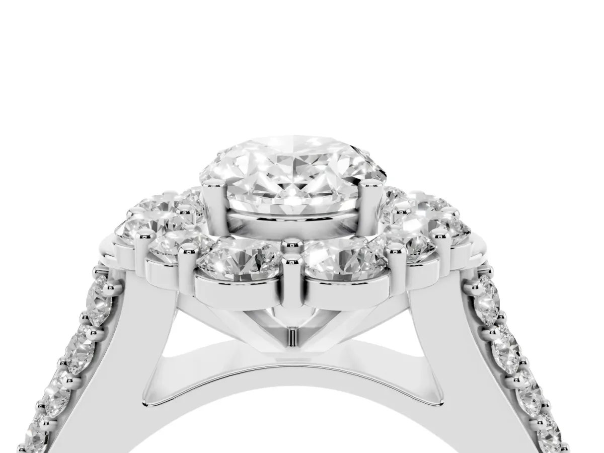 Oval Cut Halo Diamond Engagement Ring with Split Shank and Prong Setting Silver