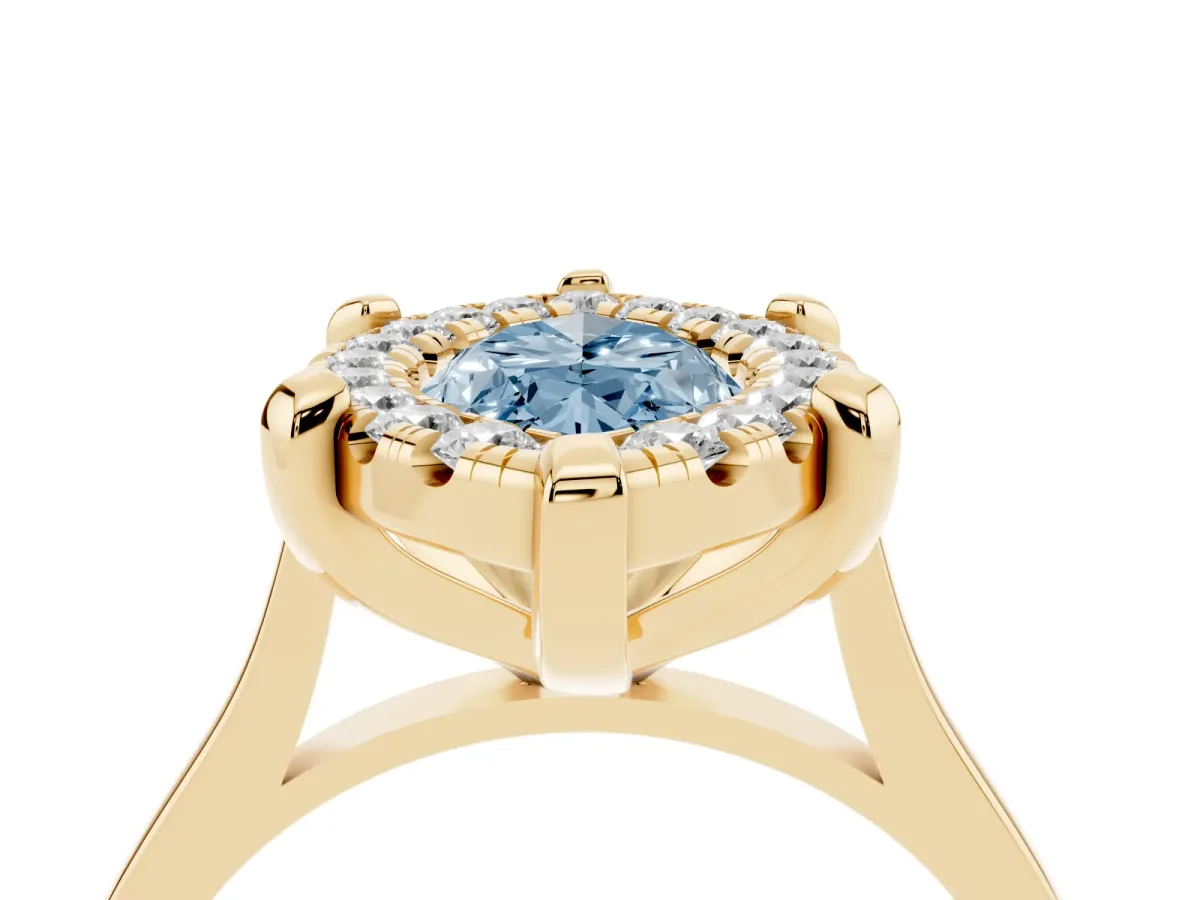 Fancy Blue Marquise Cut Diamond Cluster Halo Solitaire with Four-Prong Setting Yellow gold