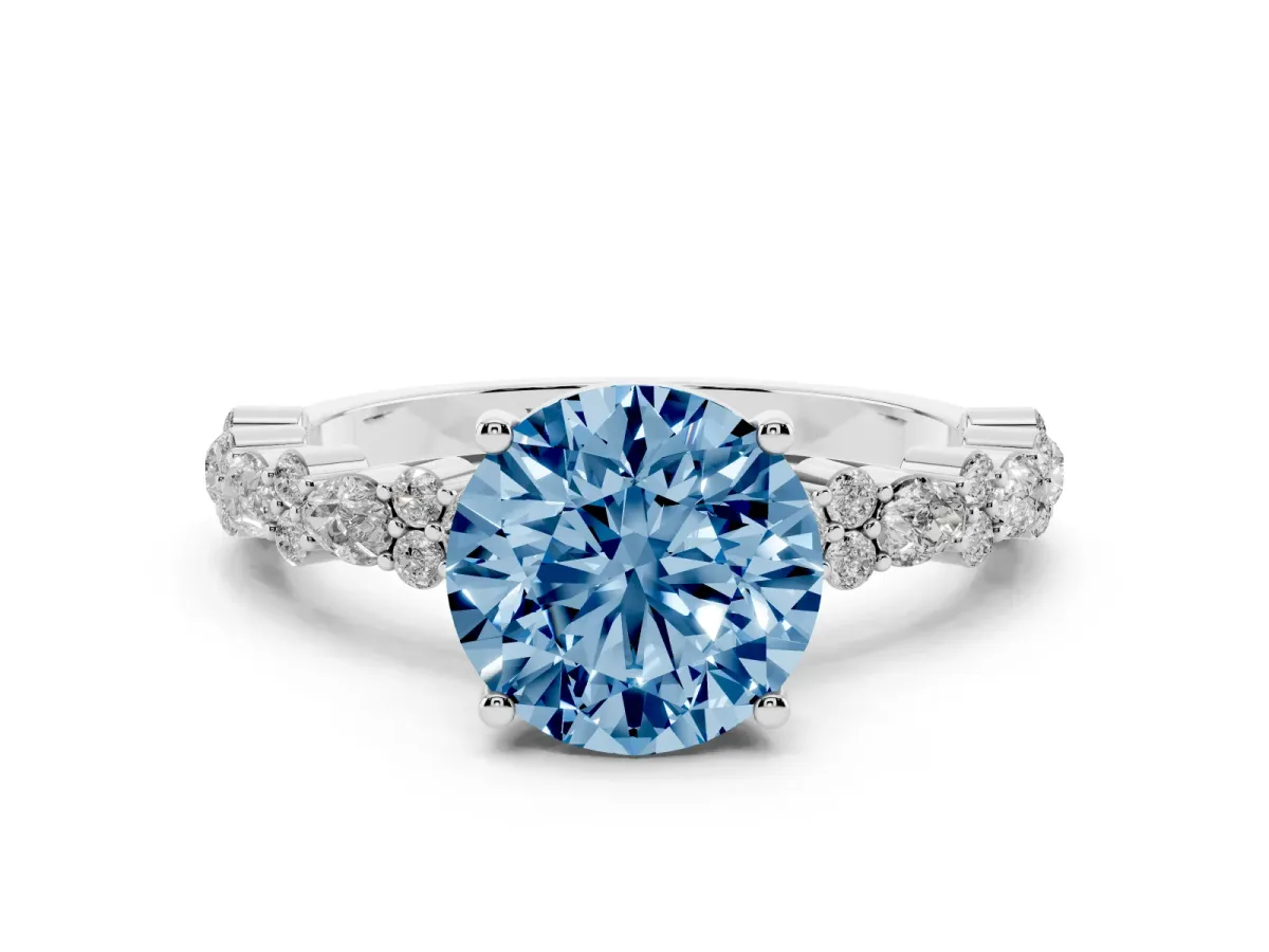 Fancy Blue Round Cut Diamond Side Stone Solitaire Ring with Round and Four-Prong Setting Silver