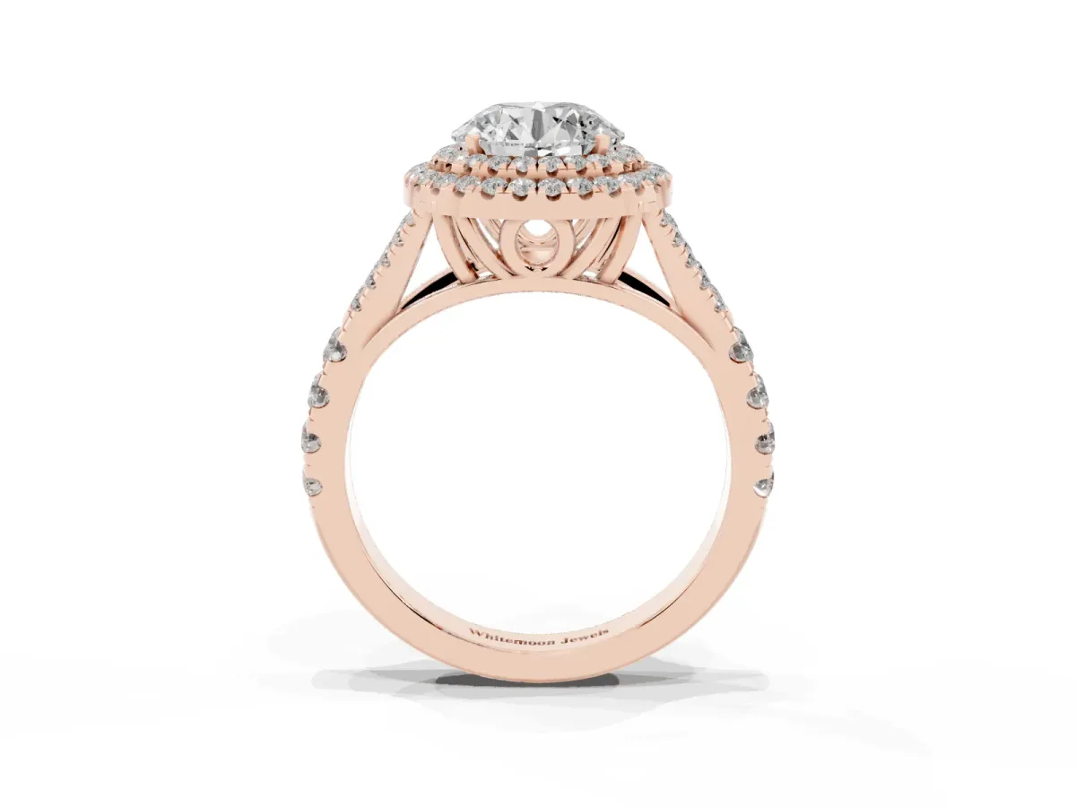 Round Cut Cut Double Halo Split Shank Diamond Ring with Prong Setting Rose gold