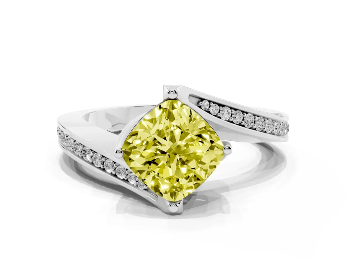 Fancy Yellow Cushion Cut Solitaire Diamond Twist Band with Pavé Setting and Four-Prong Setting White gold