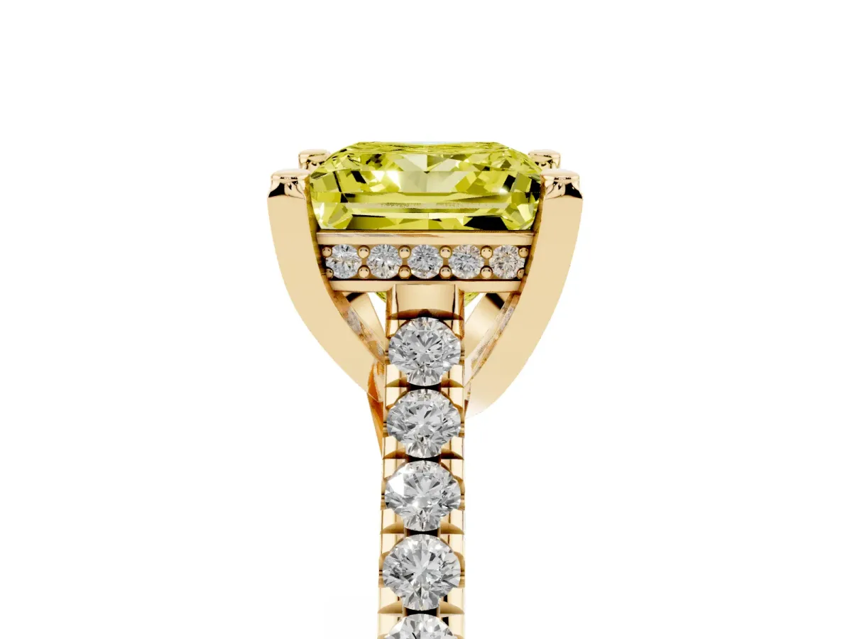 Fancy Yellow Princess Cut Brilliant Diamond Solitaire with Pavé Band and Four-Prong Setting Yellow gold