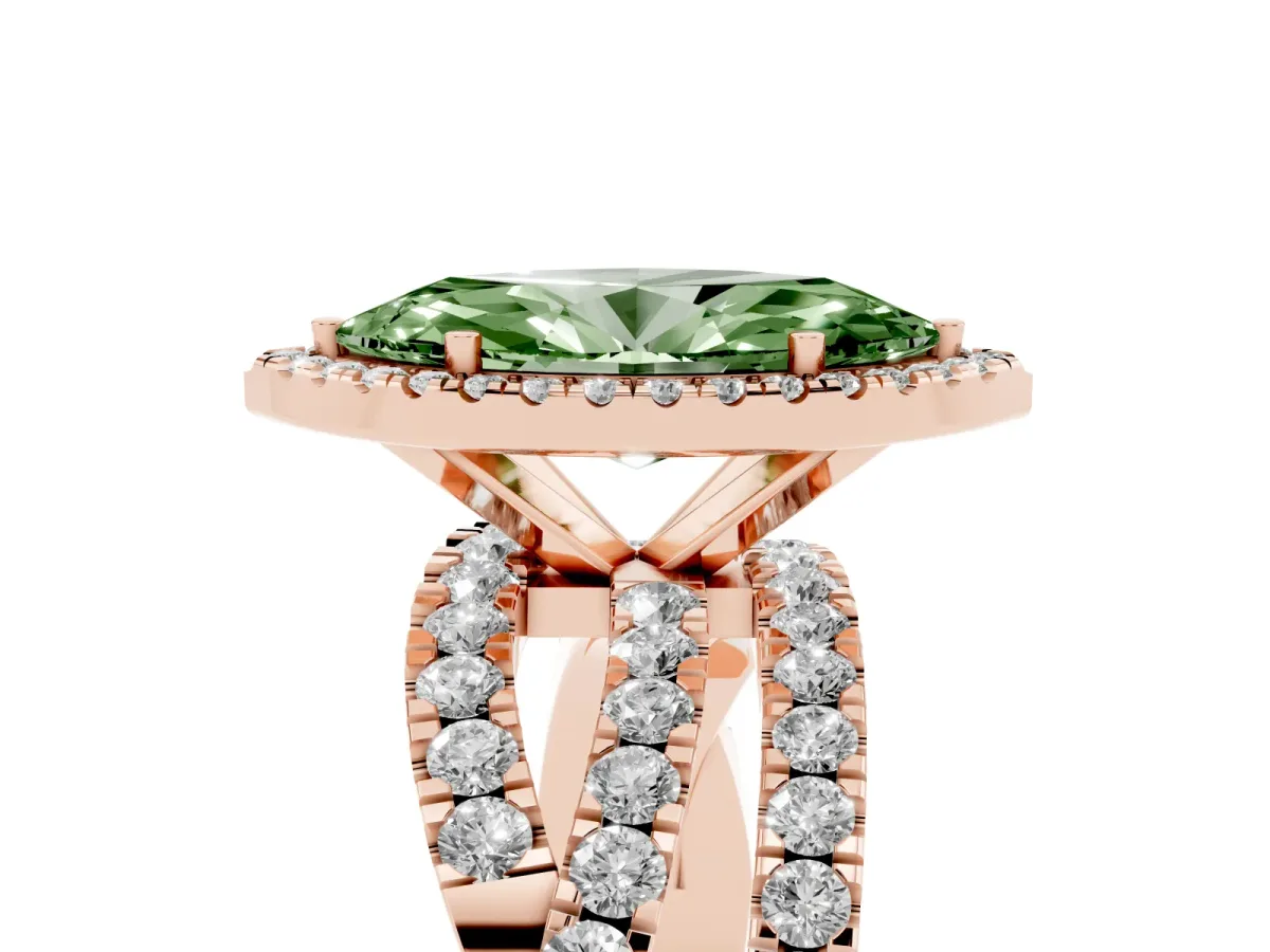 Fancy Green Marquise Cut Diamond Halo Ring with Round Split Shank and Prong Setting Rose gold