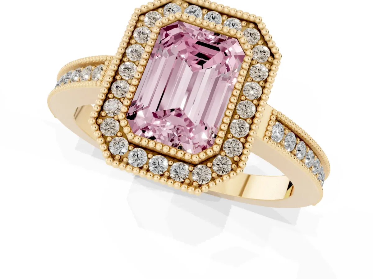 Fancy Pink Emerald Cut Cut Halo Diamond Ring with Pavé Band and Milgrain Prong Setting Yellow gold