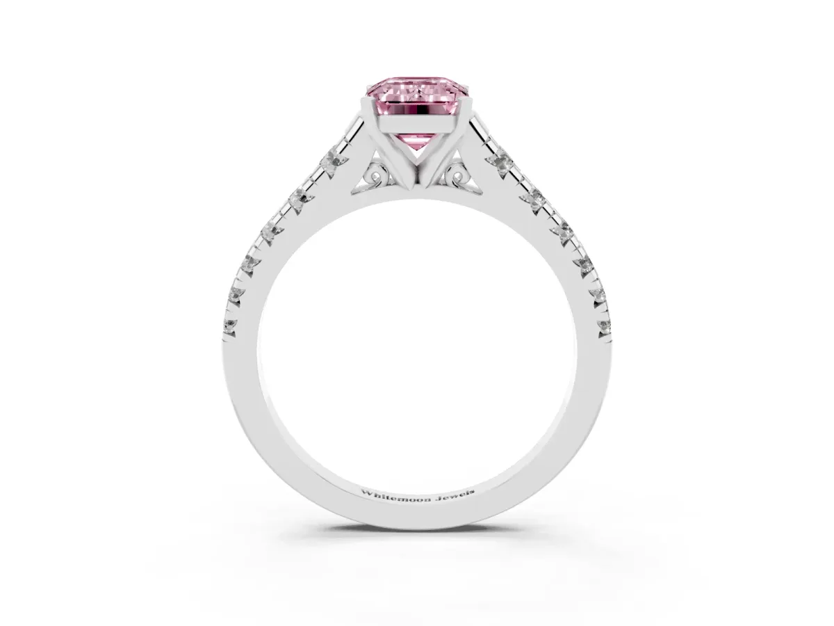 Fancy Pink Emerald Cut Diamond Cathedral Solitaire Ring with Round Pavé Band Silver
