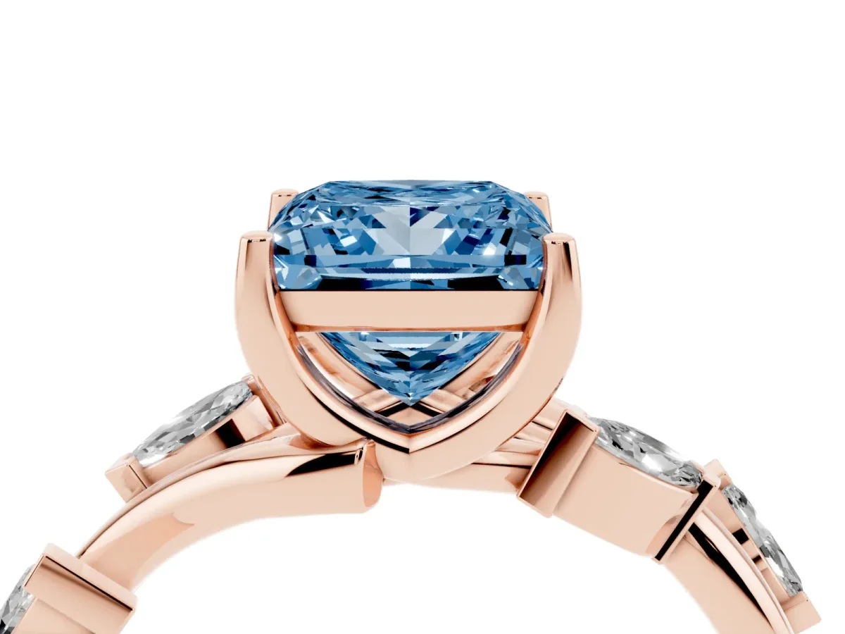 Fancy Blue Princess Cut Solitaire Twisted Band Marquise Accent Prong Setting Ring Rose gold