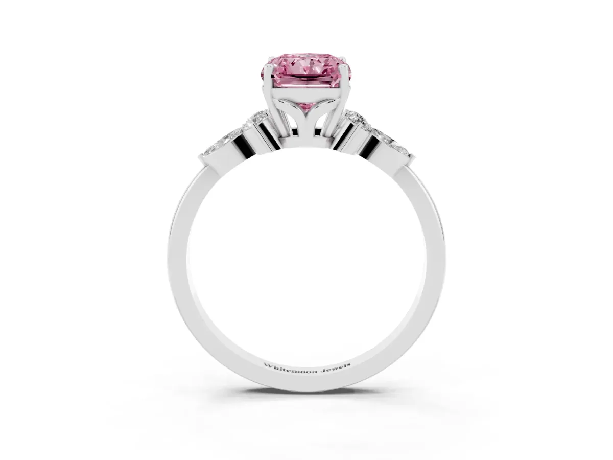 Fancy Pink Radiant Cut Brilliant Diamond Solitaire Ring with Pear Side Stones and Four-Prong Setting Platinum