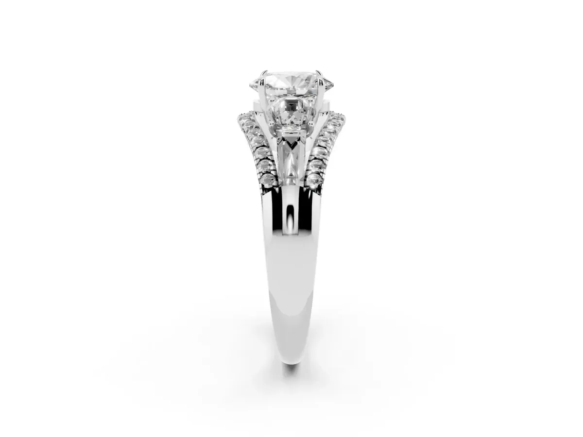 Three-Stone Oval Cut Diamond Engagement Ring with Pave Band and Prong Setting Silver