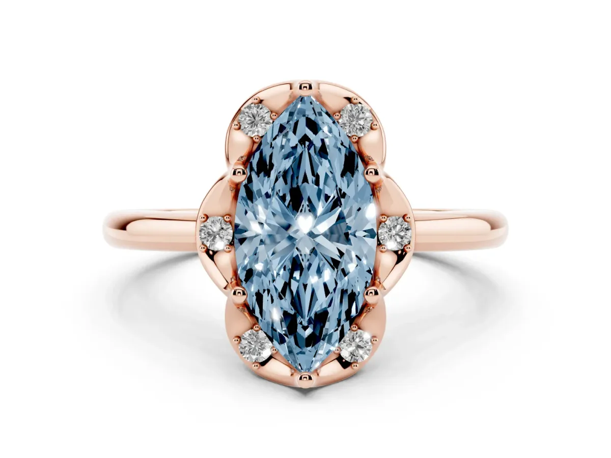 Fancy Blue Marquise Cut Halo Diamond Ring with Round Cluster Setting, Solitaire Band, and Four-Prong Setting Rose gold