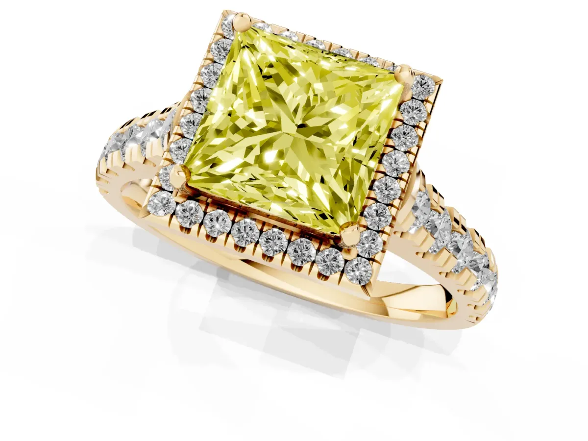 Fancy Yellow Princess Cut Halo Pavé Diamond Engagement Ring with Four-Prong Setting Yellow gold