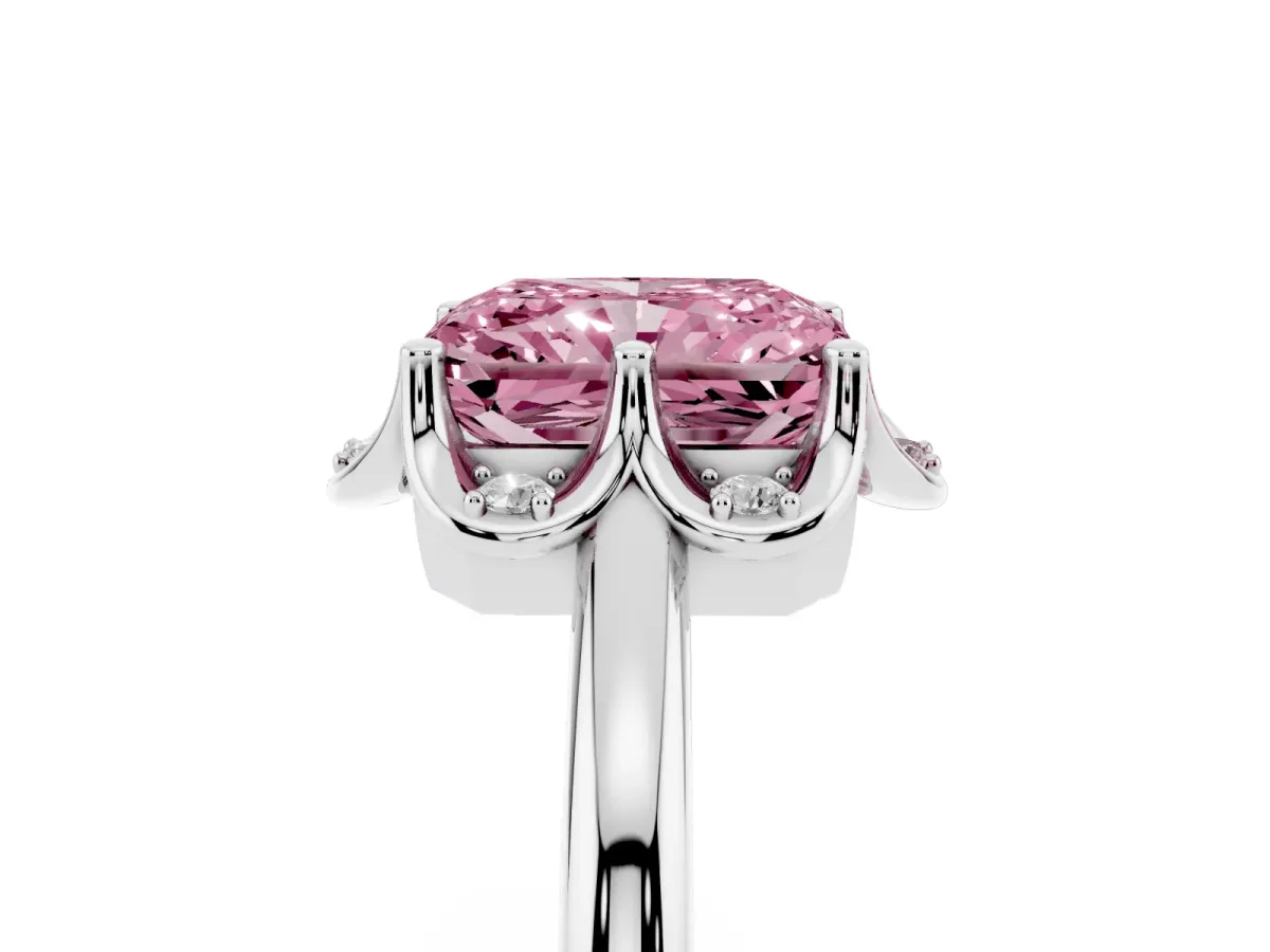Fancy Pink Radiant Cut Halo Diamond Ring with Round Cluster Setting, Solitaire Band, and Four-Prong Setting White gold