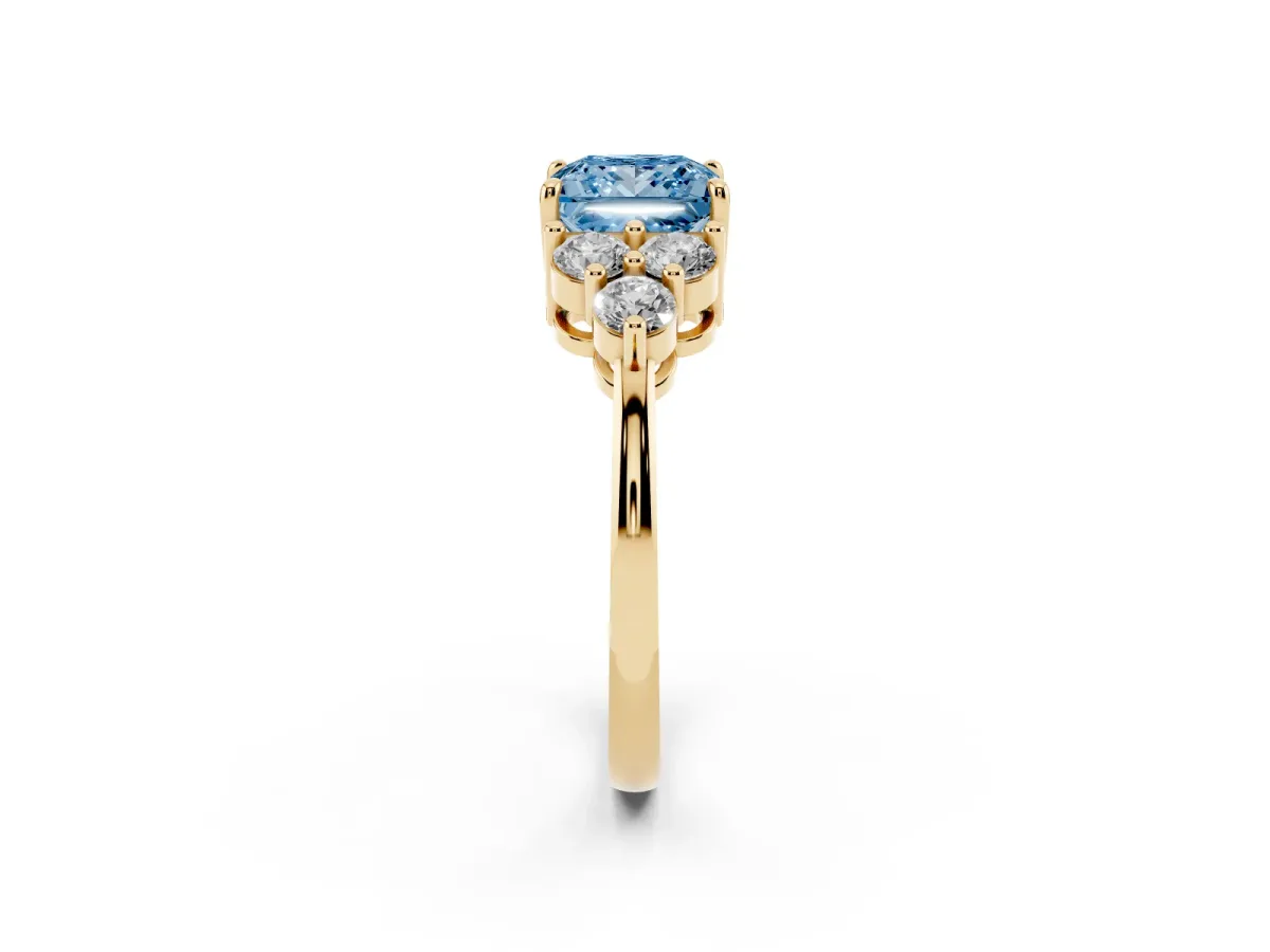 Fancy Blue Princess Cut Brilliant Diamond Cluster Accent Solitaire Ring with Prong Setting Yellow gold