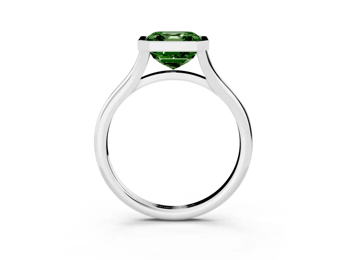 Fancy Green Bezel Set Asscher Cut Cut Solitaire Ring with Tapered Band Silver