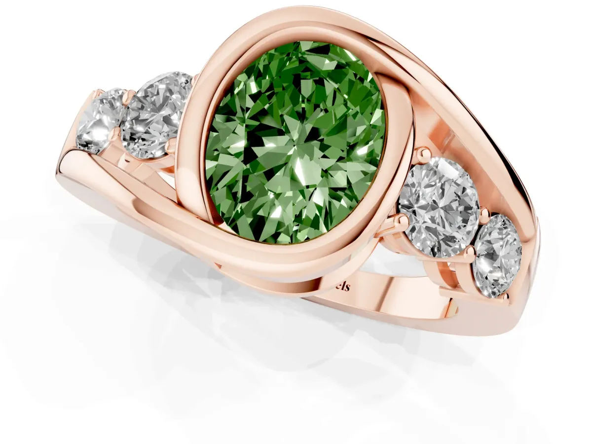 Fancy Green Bezel Set Oval Cut Diamond Bypass Ring with Round Accents Rose gold