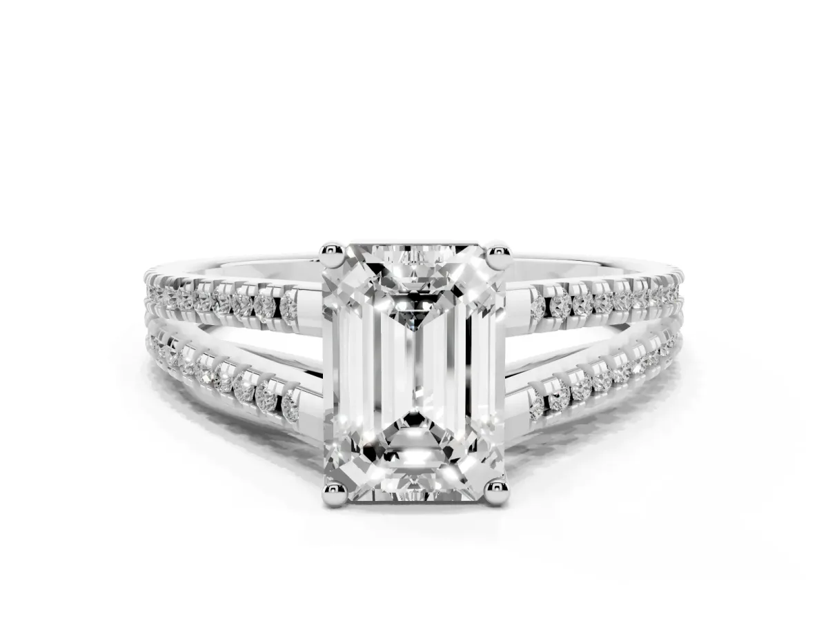 Emerald Cut Diamond Solitaire Engagement Ring with Split Shank Pavé Band Platinum