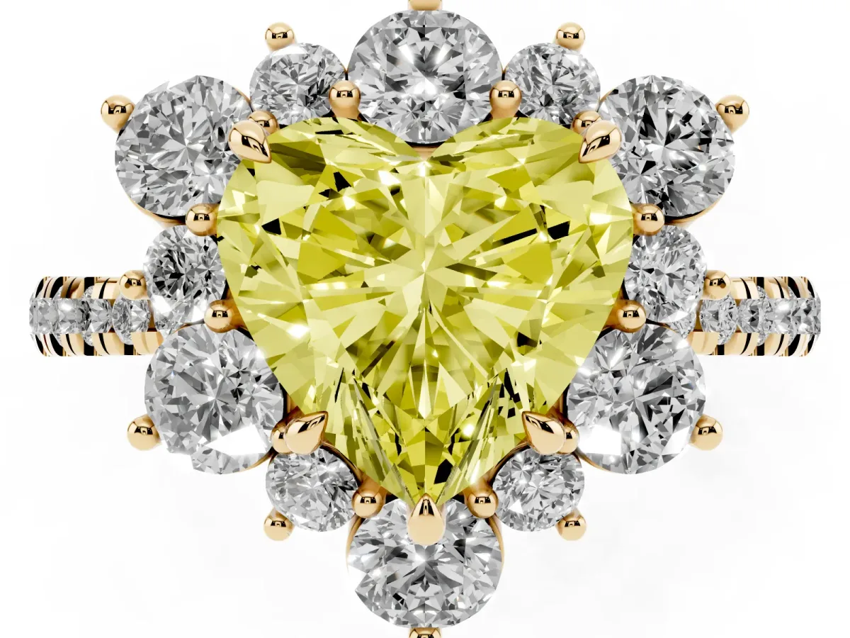 Fancy Yellow Heart Cut Diamond Floral Halo Ring with Round Pavé Band and Prong Setting Yellow gold