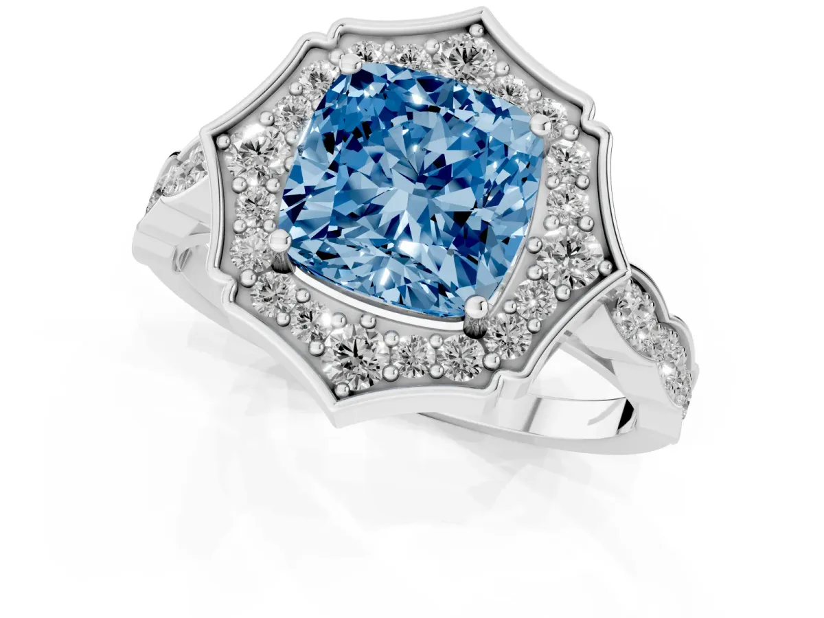 Fancy Blue Cushion Cut Halo Diamond Engagement Ring with Milgrain Band and Four-Prong Setting Platinum