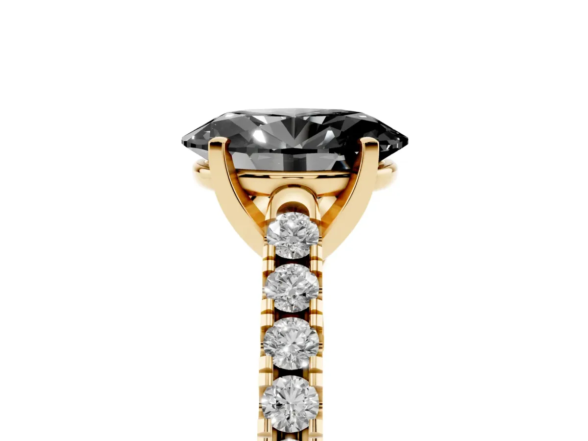 Fancy Black Oval Cut Diamond Pavé Band Solitaire Ring with Prong Setting Yellow gold