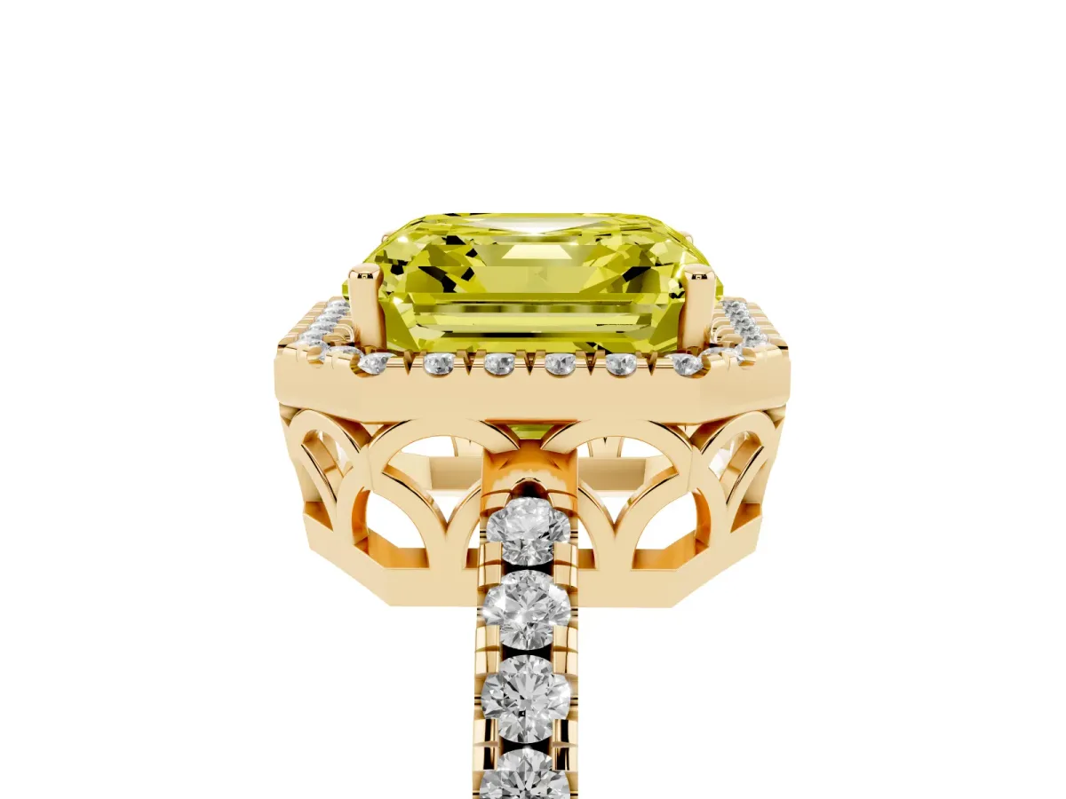 Fancy Yellow Asscher Cut Halo Diamond Engagement Ring with Pavé Band and Four-Prong Setting Yellow gold